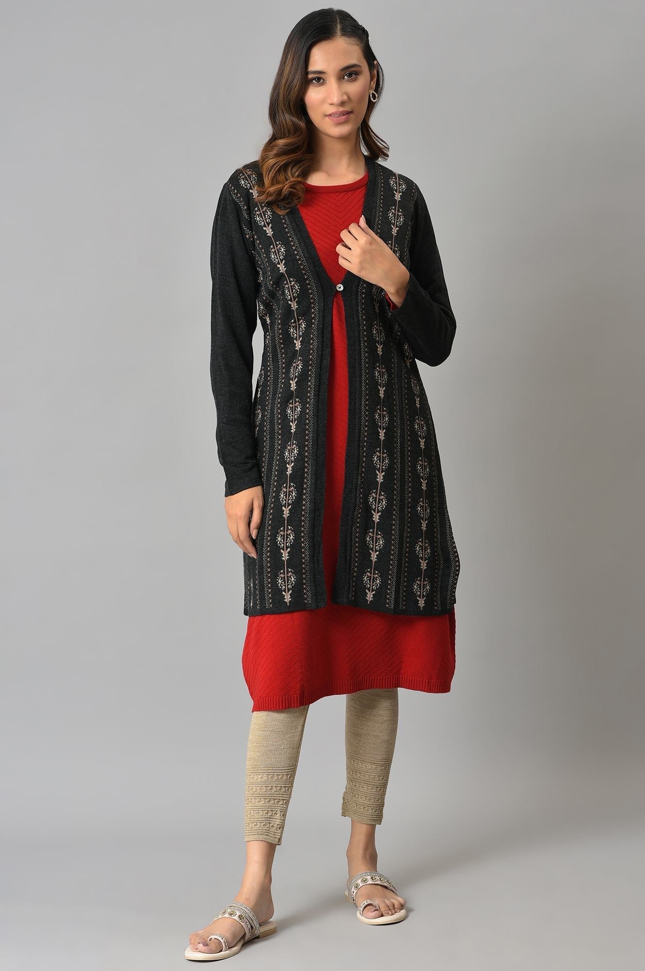 W for Woman Grey Floral Printed Women Cardigan