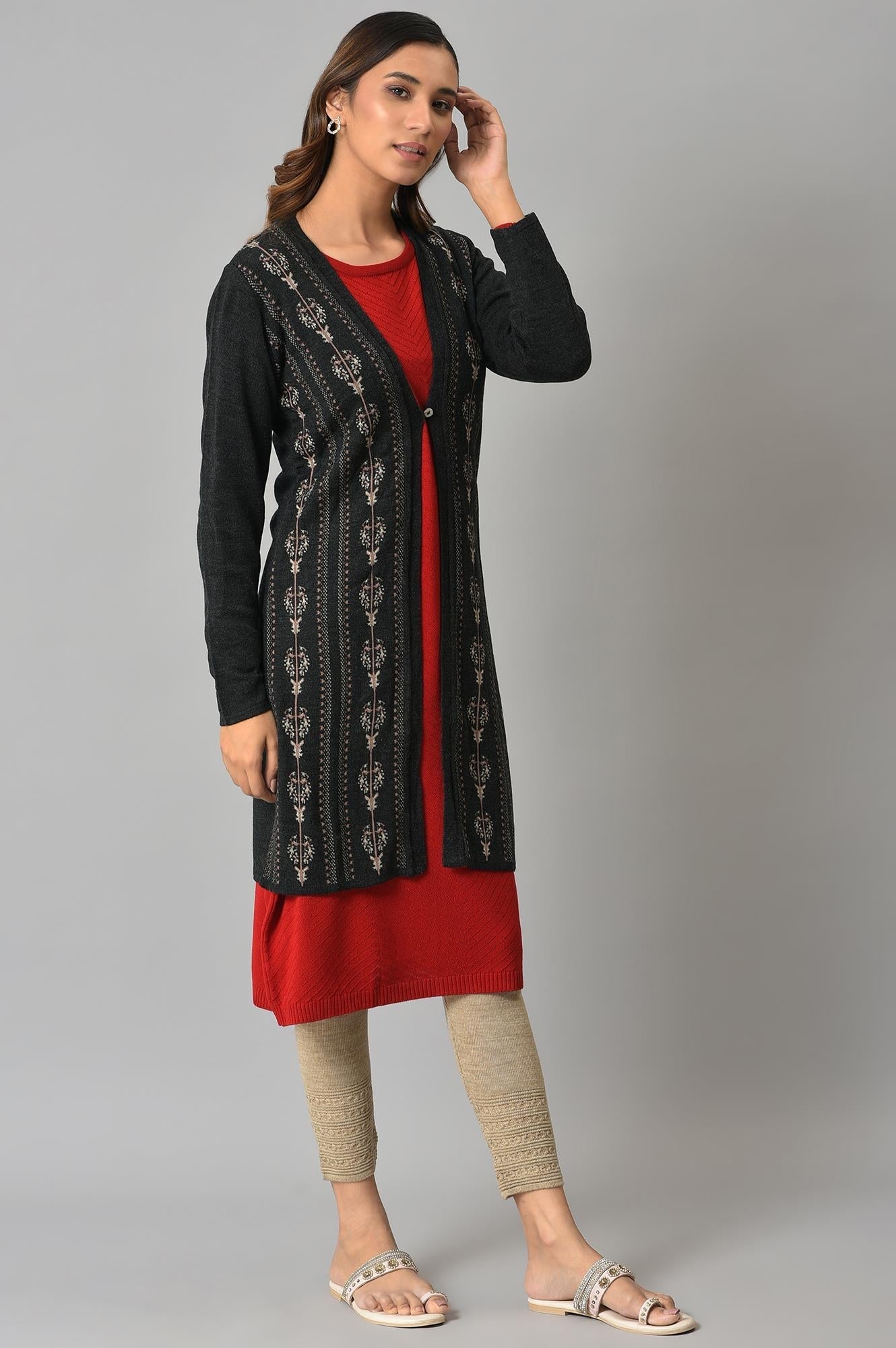 W for Woman Grey Floral Printed Women Cardigan