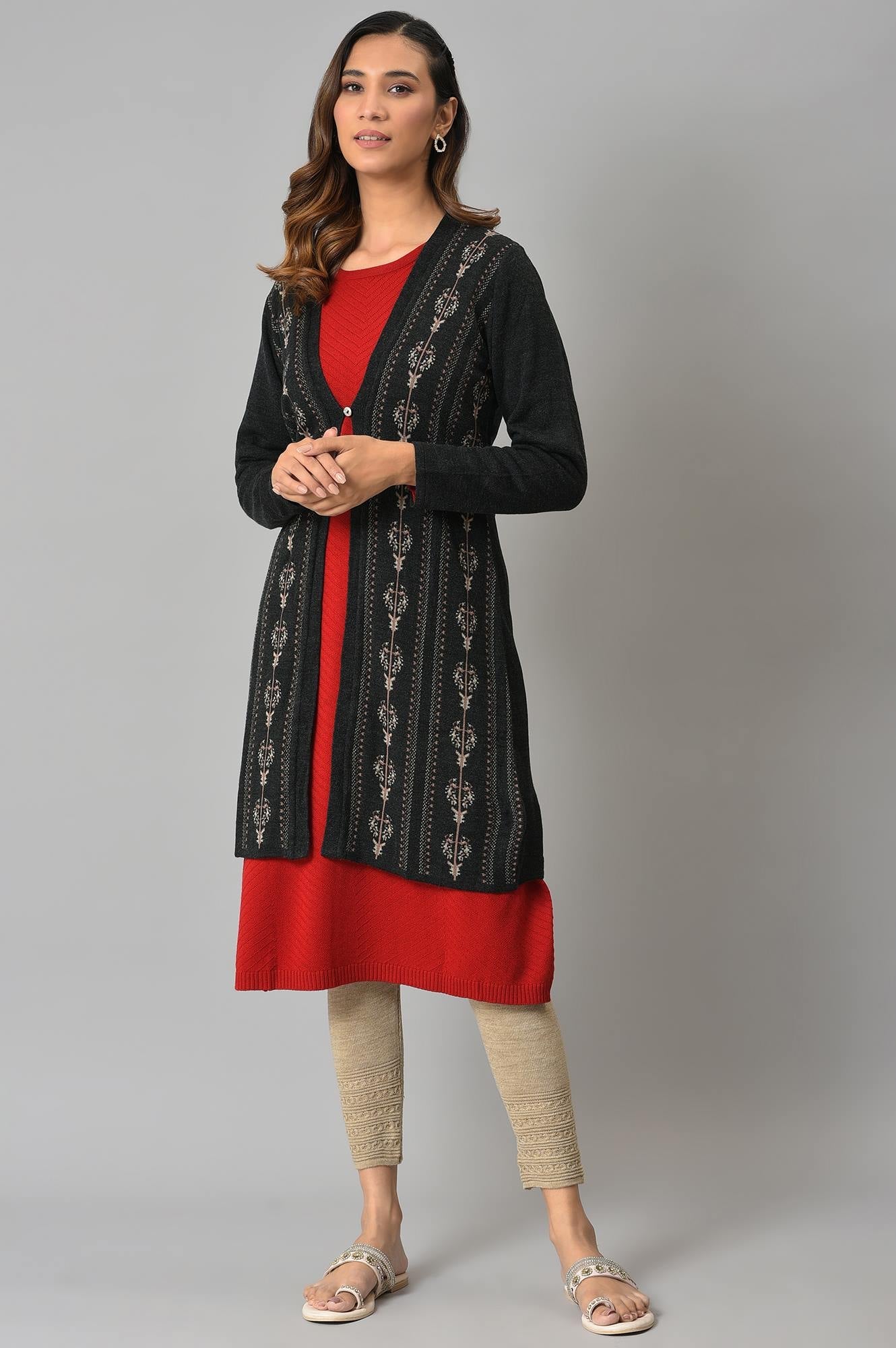 W for Woman Grey Floral Printed Women Cardigan