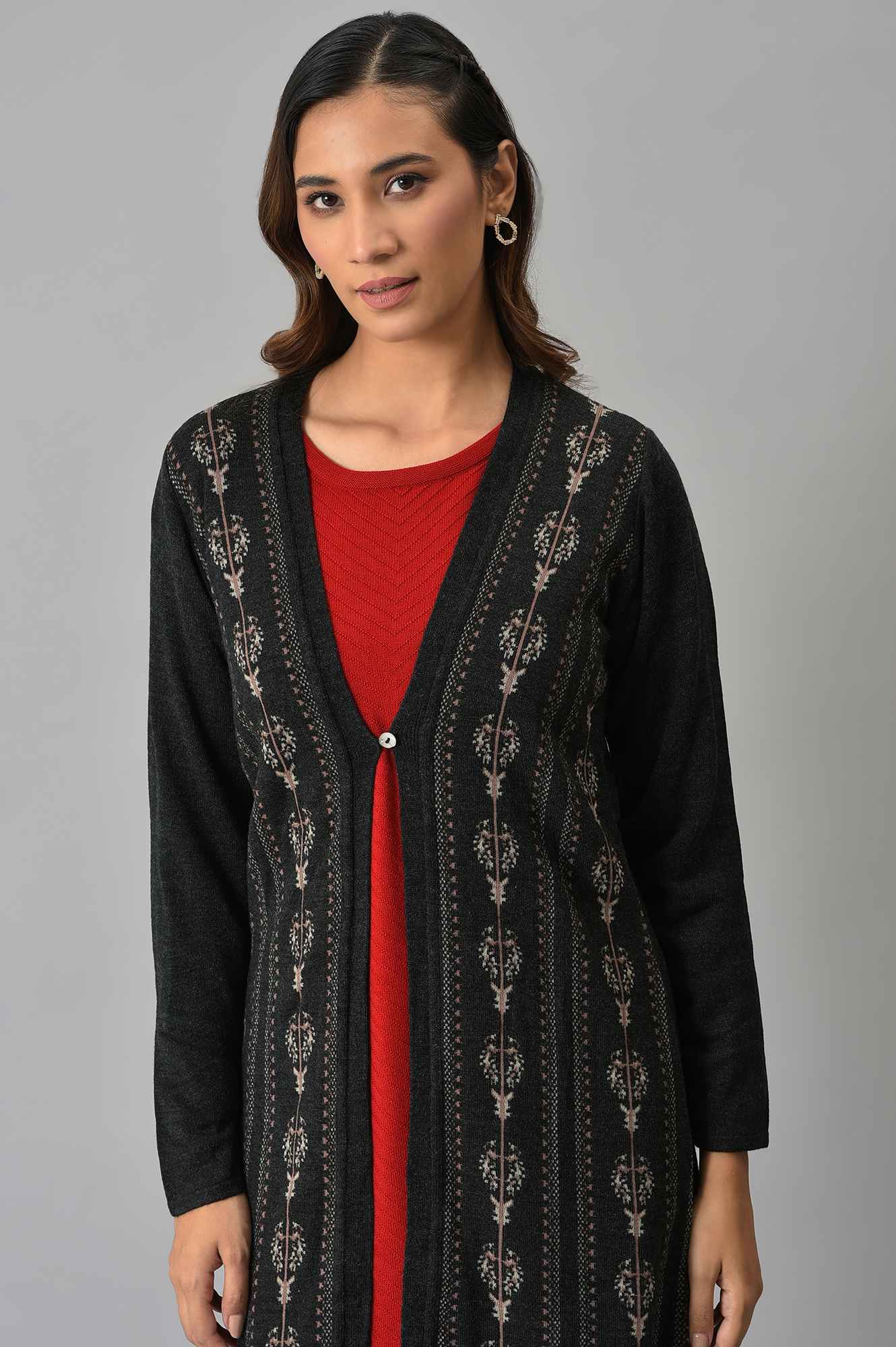 W for Woman Grey Floral Printed Women Cardigan