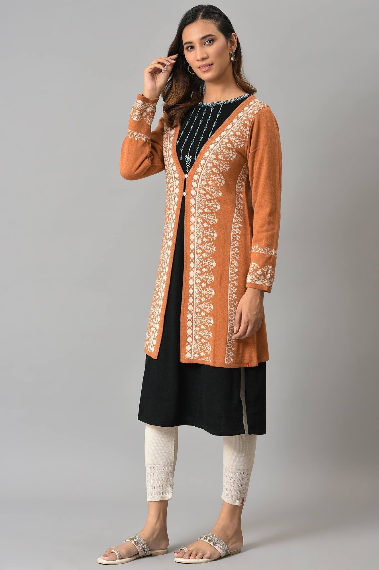 W for Woman Orange Geometric Printed Reversible Cardigan