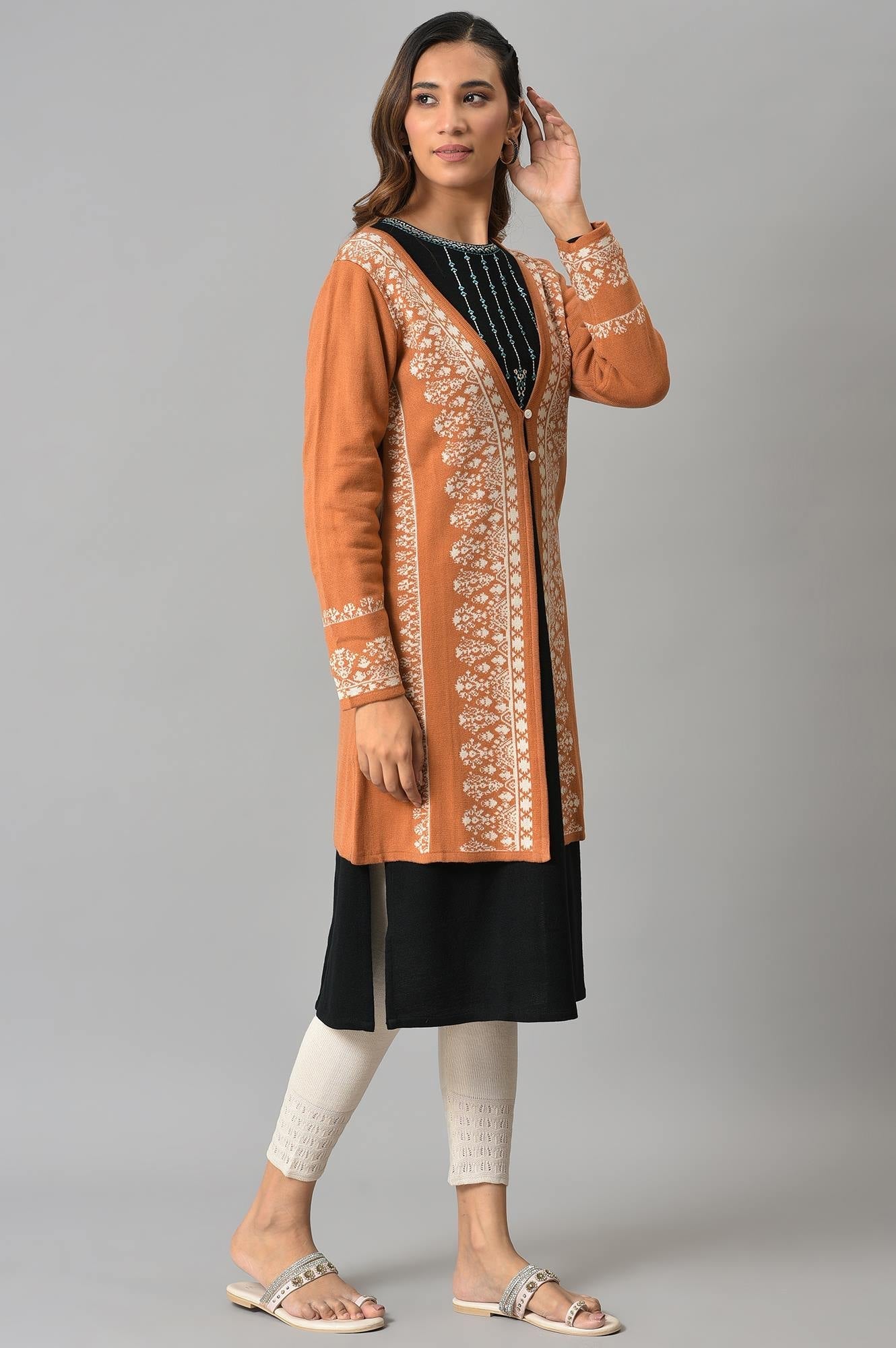 W for Woman Orange Geometric Printed Reversible Cardigan