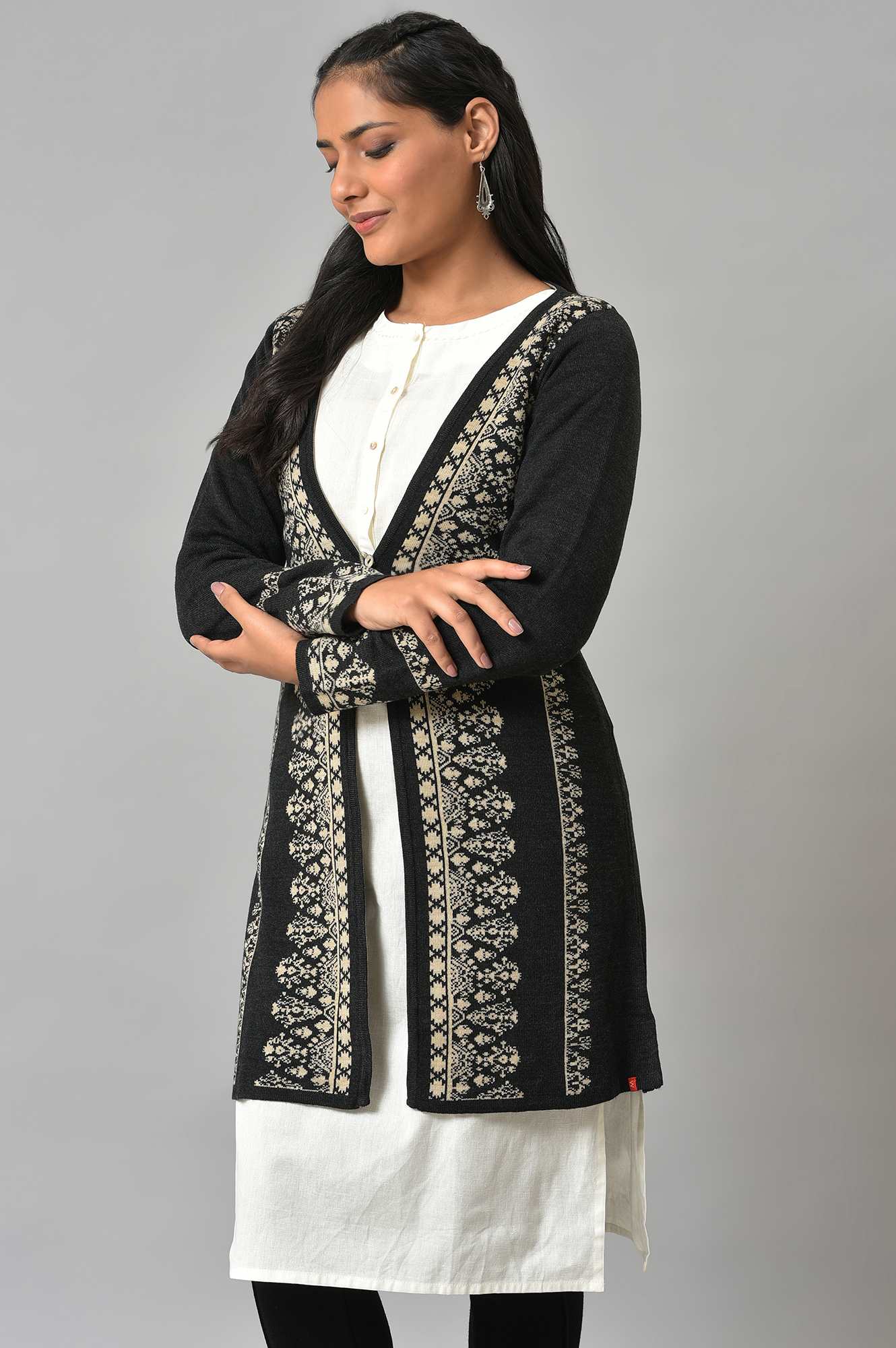 W for Woman Black Reversible Jacquard Women Cardigan