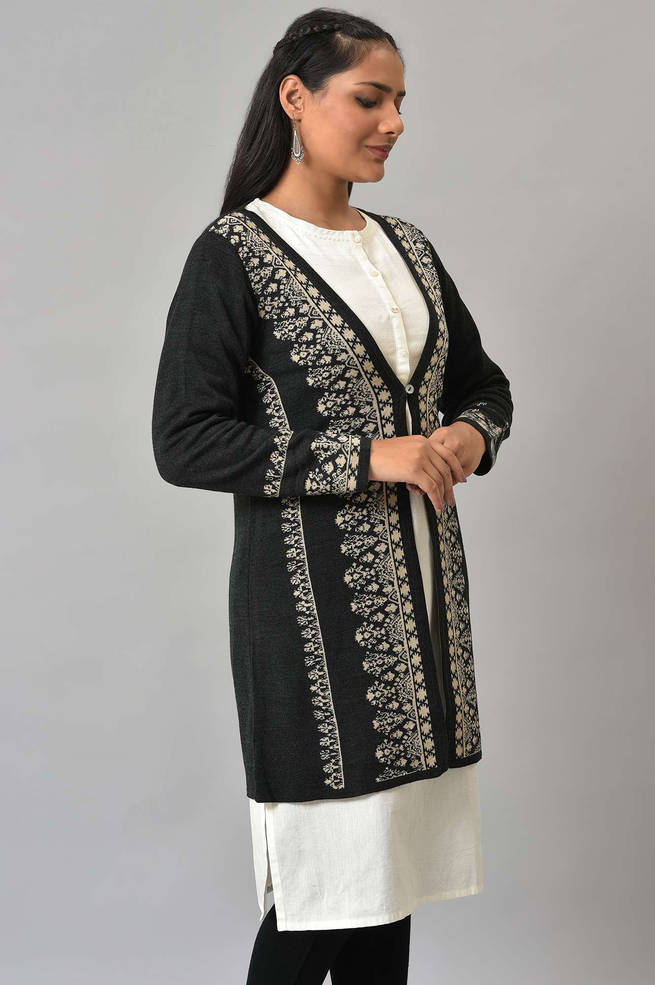 W for Woman Black Reversible Jacquard Women Cardigan