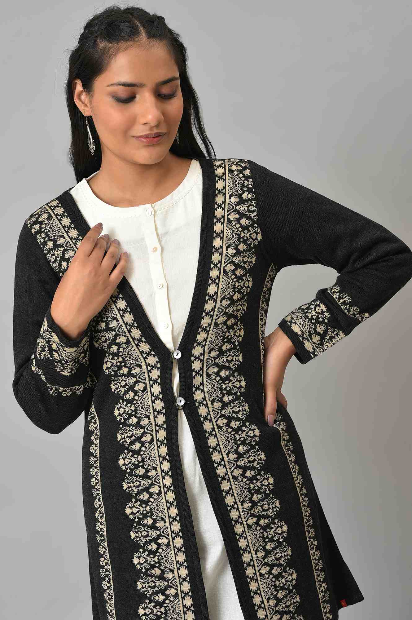 W for Woman Black Reversible Jacquard Women Cardigan