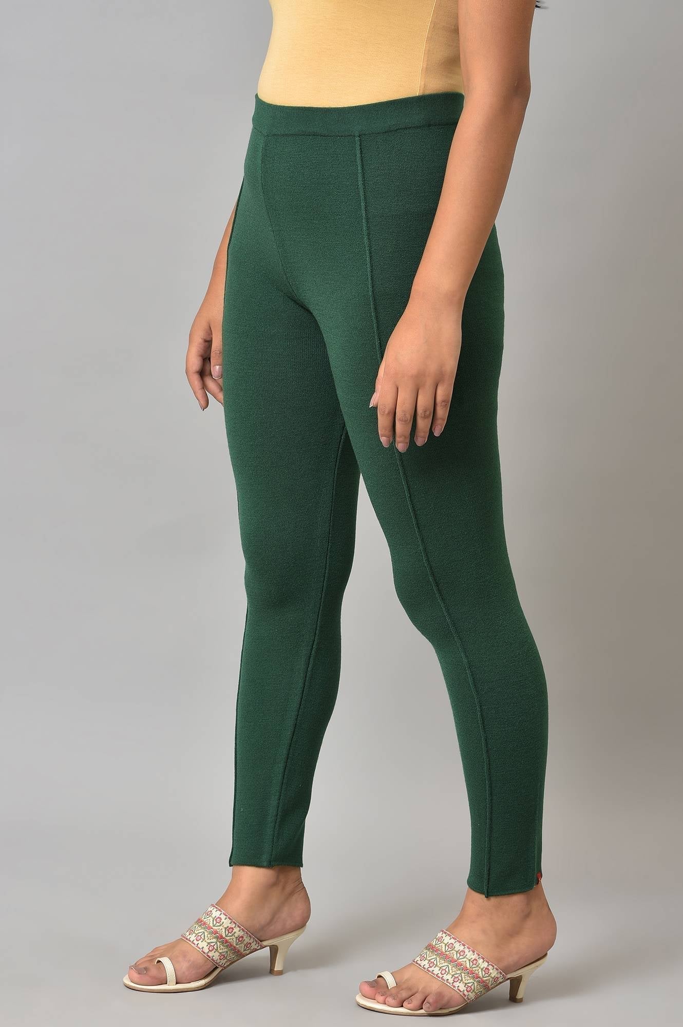 W for Woman Dark Green Solid Winter Tights