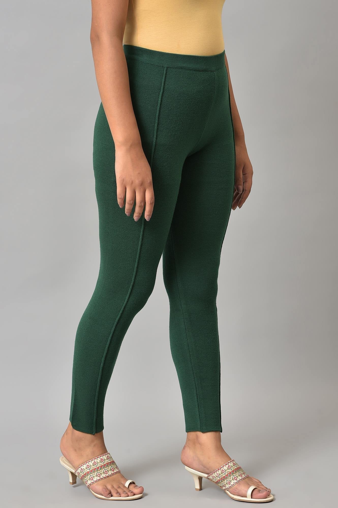 W for Woman Dark Green Solid Winter Tights