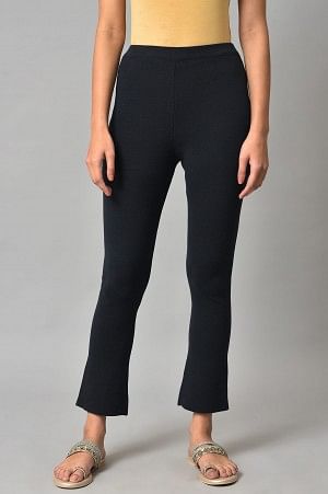 W for Woman Dark Blue Solid Knitted Flared Pants