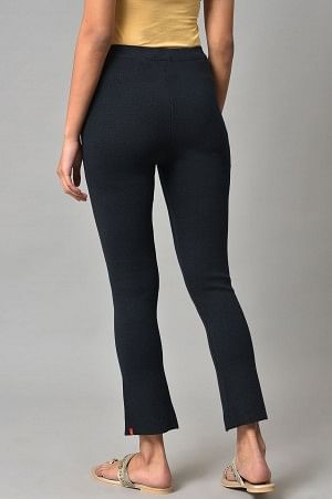 W for Woman Dark Blue Solid Knitted Flared Pants