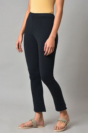 W for Woman Dark Blue Solid Knitted Flared Pants