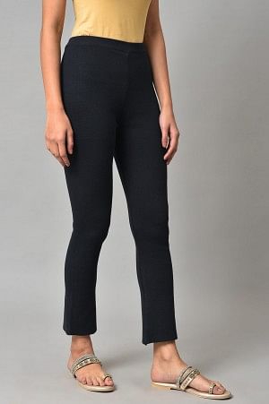 W for Woman Dark Blue Solid Knitted Flared Pants