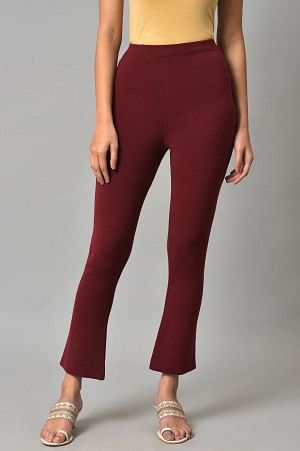 W for Woman Dark Red Solid Knitted Flared Pants