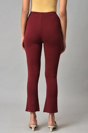 W for Woman Dark Red Solid Knitted Flared Pants