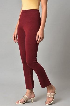 W for Woman Dark Red Solid Knitted Flared Pants