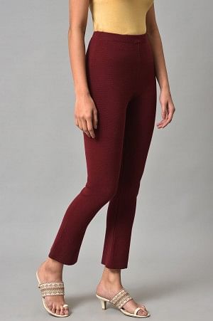W for Woman Dark Red Solid Knitted Flared Pants