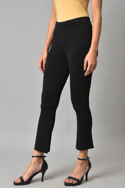 W for Woman Black Solid Knitted Flared Pants