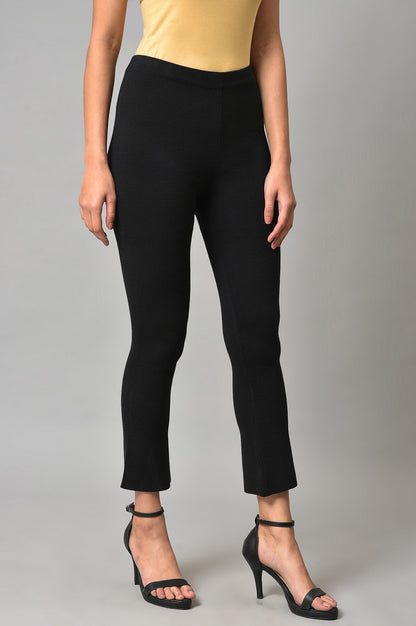 W for Woman Black Solid Knitted Flared Pants