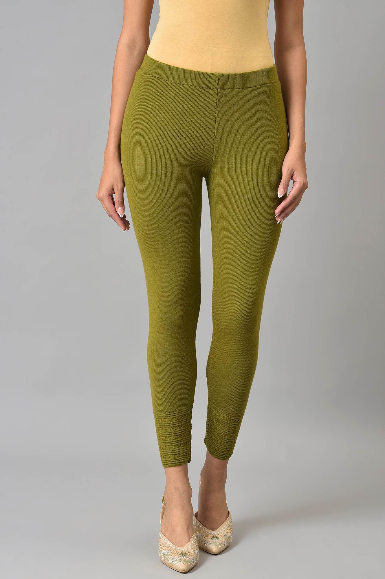 W for Woman Olive Knitted Winter Leggings With Pintucks
