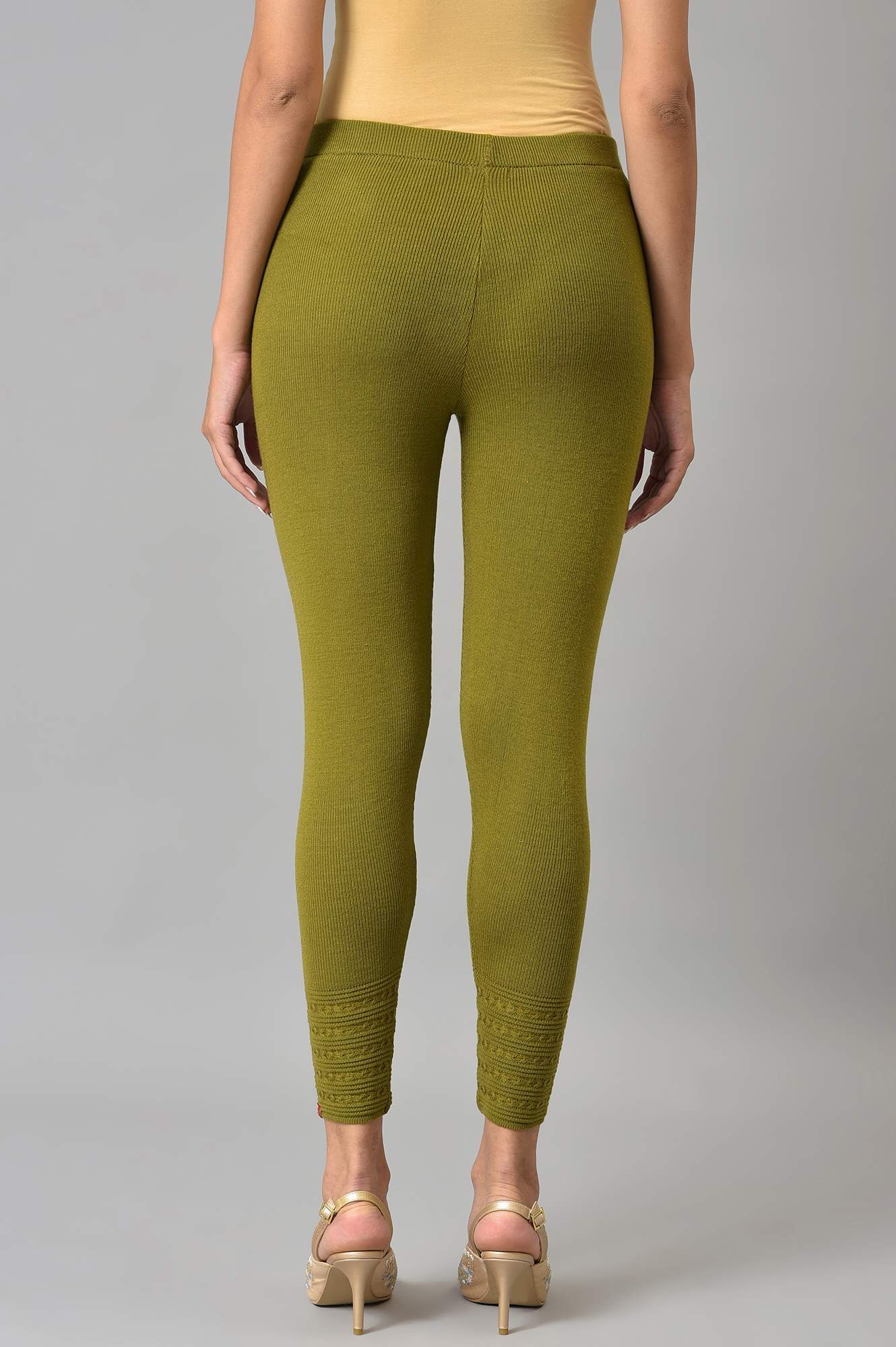 W for Woman Olive Knitted Winter Leggings With Pintucks