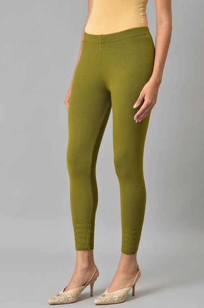 W for Woman Olive Knitted Winter Leggings With Pintucks