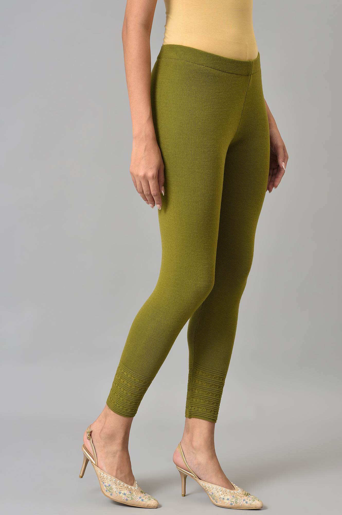 W for Woman Olive Knitted Winter Leggings With Pintucks