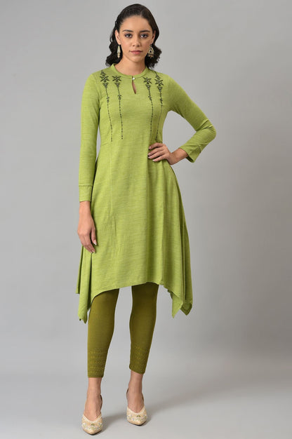 W for Woman Olive Knitted Winter Leggings With Pintucks