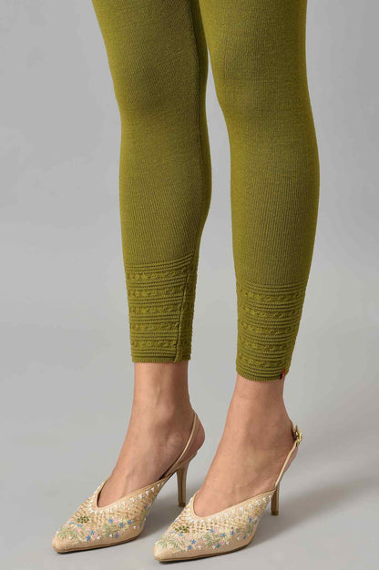 W for Woman Olive Knitted Winter Leggings With Pintucks