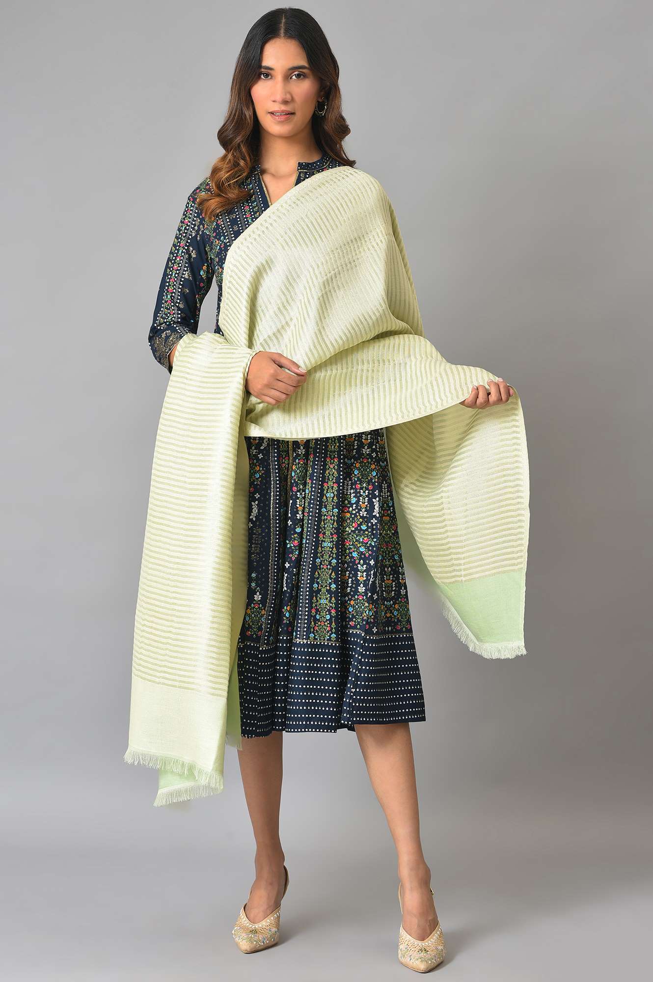 W for Woman Light Green Stripe Lurex Shawl