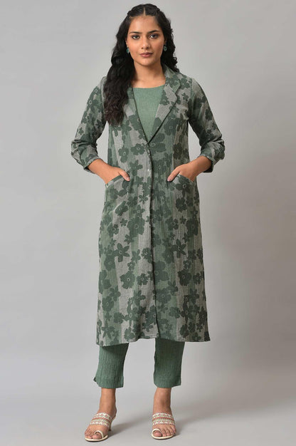 W for Woman Green Printed Longline Jacket With kurta And Pants