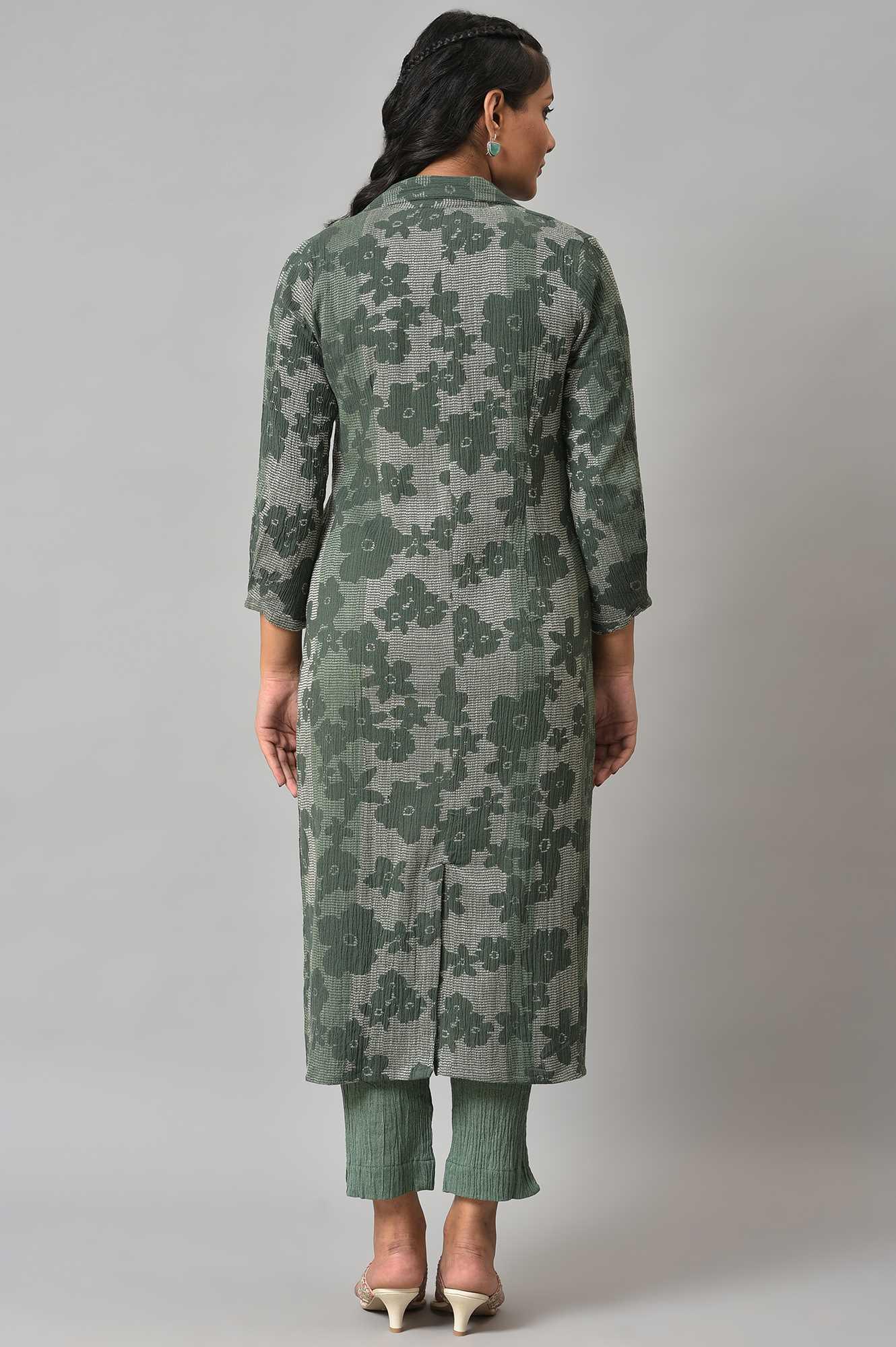 W for Woman Green Printed Longline Jacket With kurta And Pants
