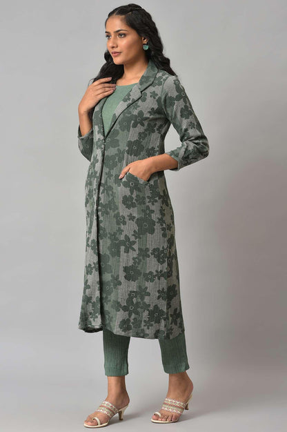 W for Woman Green Printed Longline Jacket With kurta And Pants