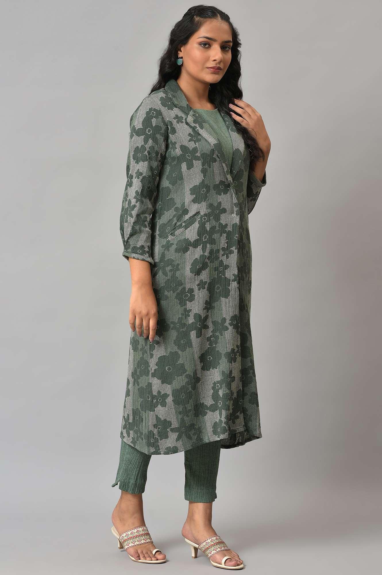 W for Woman Green Printed Longline Jacket With kurta And Pants