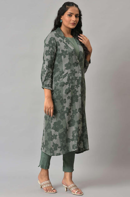 W for Woman Green Printed Longline Jacket With kurta And Pants