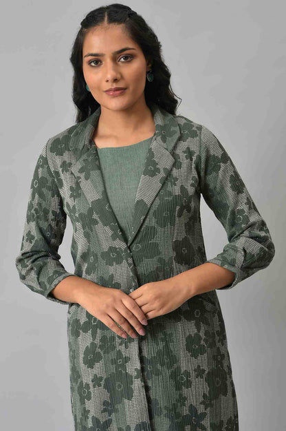W for Woman Green Printed Longline Jacket With kurta And Pants