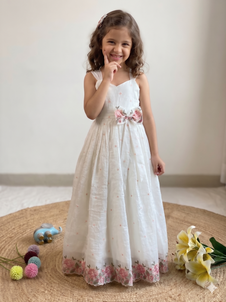 Teeya Creation New Latest Girls Sage Green Crinkled Silk Festive Gown with Handcrafted Bow and Lotus Cutwork Border