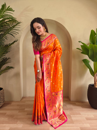 Mameraa Sarees Paithani Silk Blend Weaving Saree With Contrast Blouse-Yellow