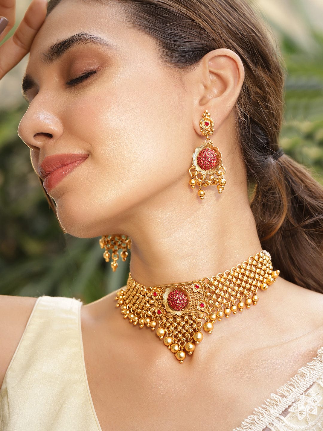 Ruby Studded Choker Set with Gold Beads