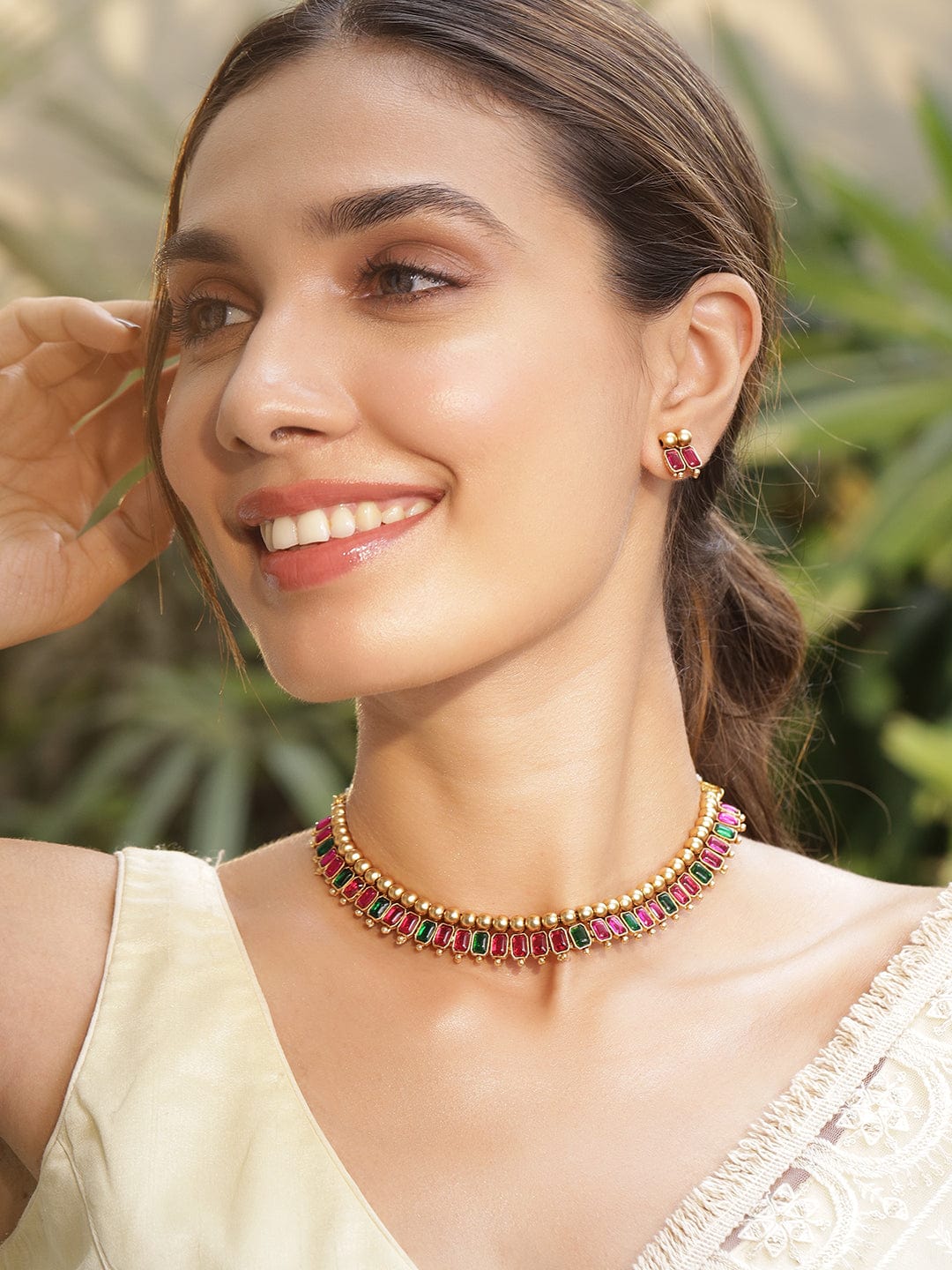 Emerald Studded Gold Beads Necklace Set