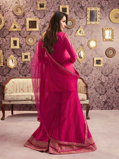 The52 Women's Beautiful Embroidery Work Chanderi Silk Fabric Straight Kurta Palazzo and Dupatta Set