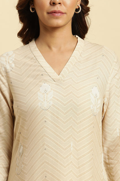 W for Woman Beige Floral Printed Rayon A-Line Kurta and Slim Pant Set