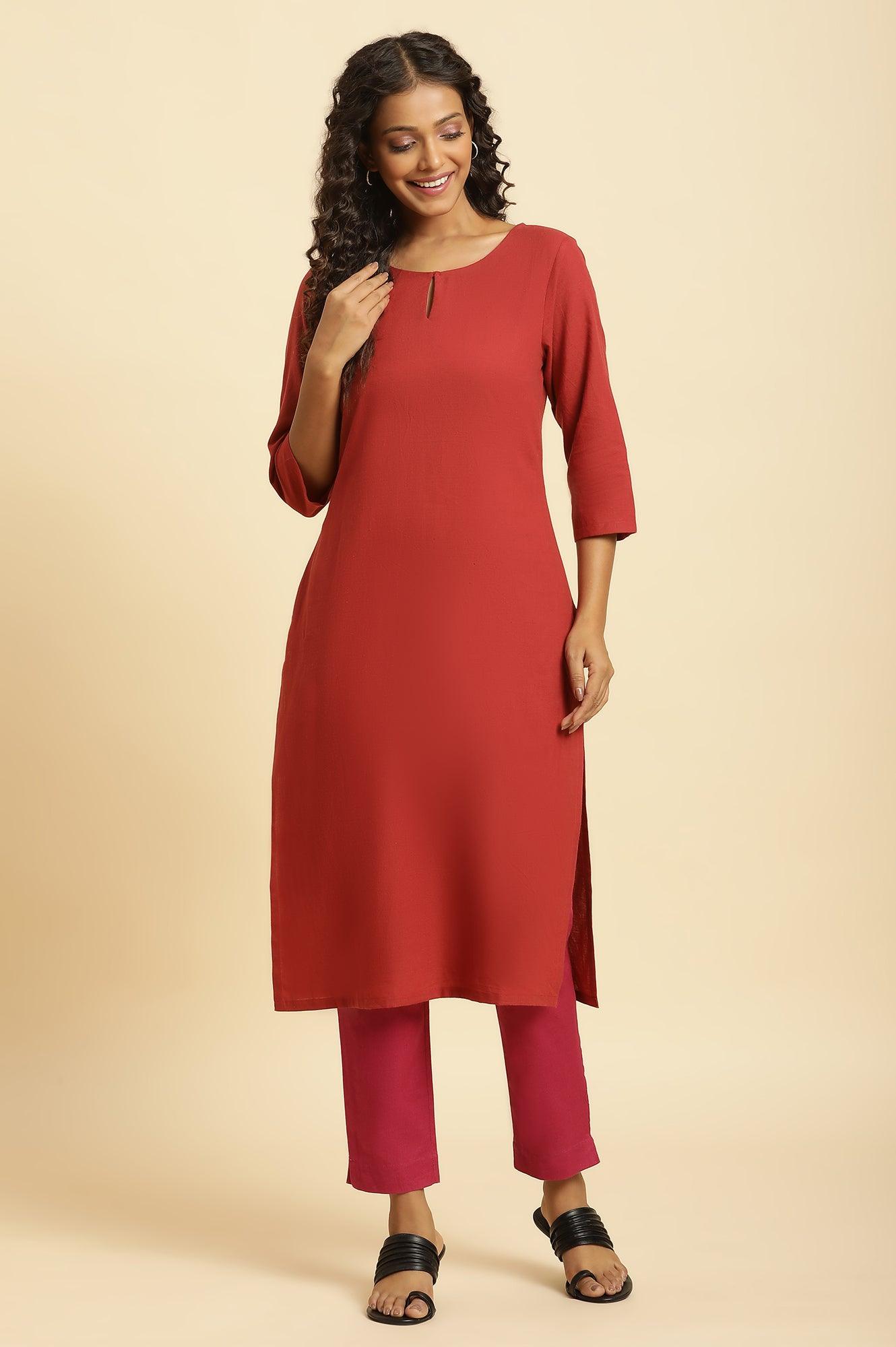 W for Woman Rust Red Solid Cotton Straight Kurta