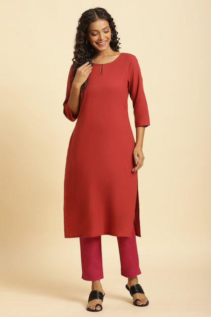 W for Woman Rust Red Solid Cotton Straight Kurta