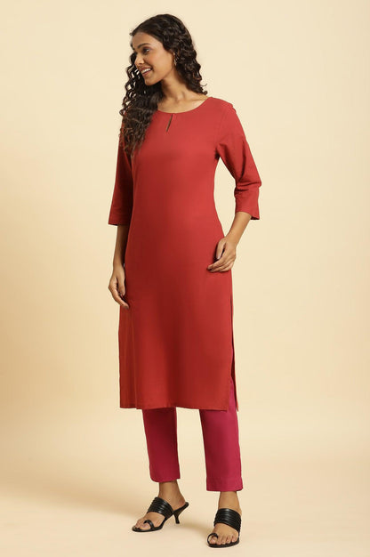 W for Woman Rust Red Solid Cotton Straight Kurta