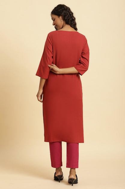 W for Woman Rust Red Solid Cotton Straight Kurta