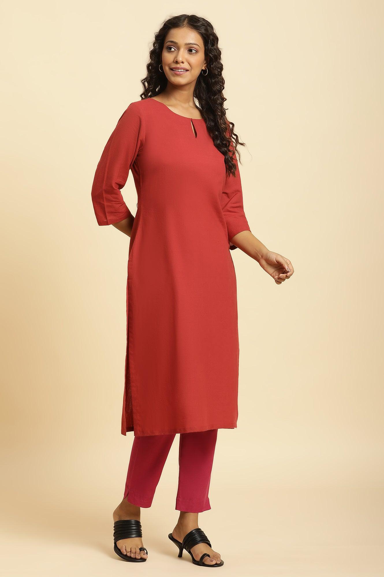 W for Woman Rust Red Solid Cotton Straight Kurta
