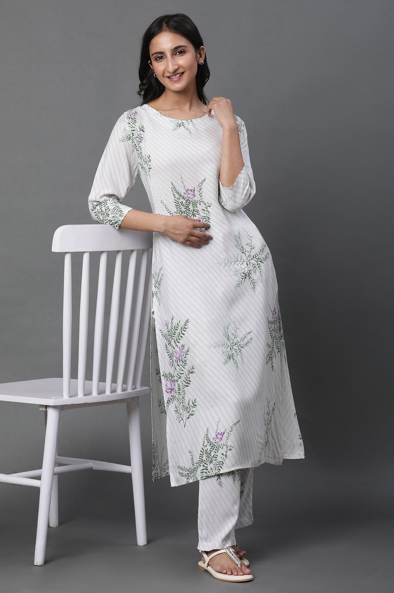 W for Woman Ecru Straight Printed Kurta And Pants Set