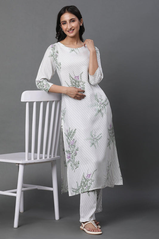 W for Woman Ecru Straight Printed Kurta And Pants Set