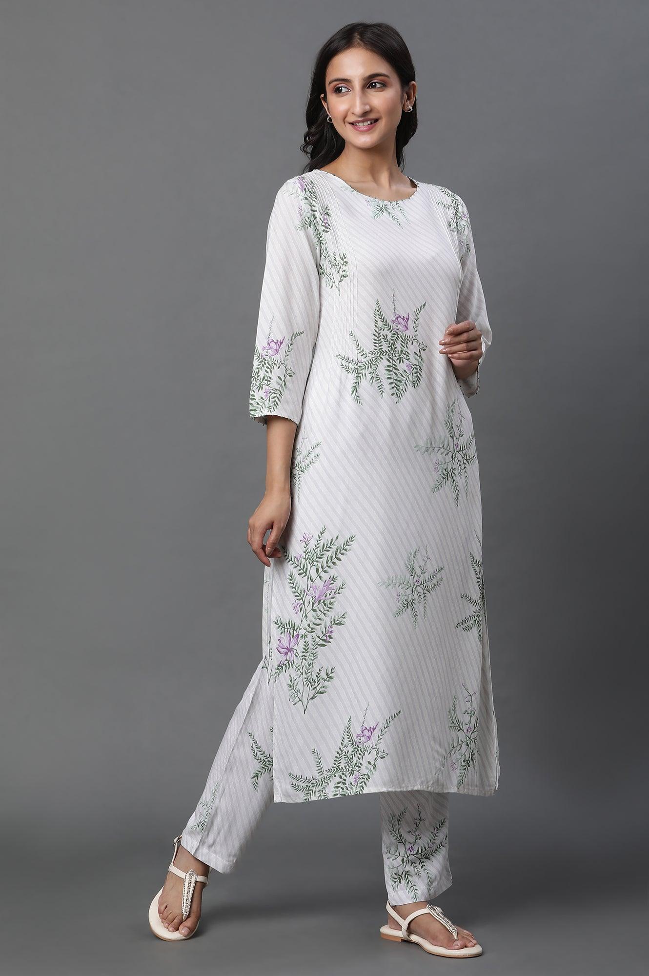 W for Woman Ecru Straight Printed Kurta And Pants Set