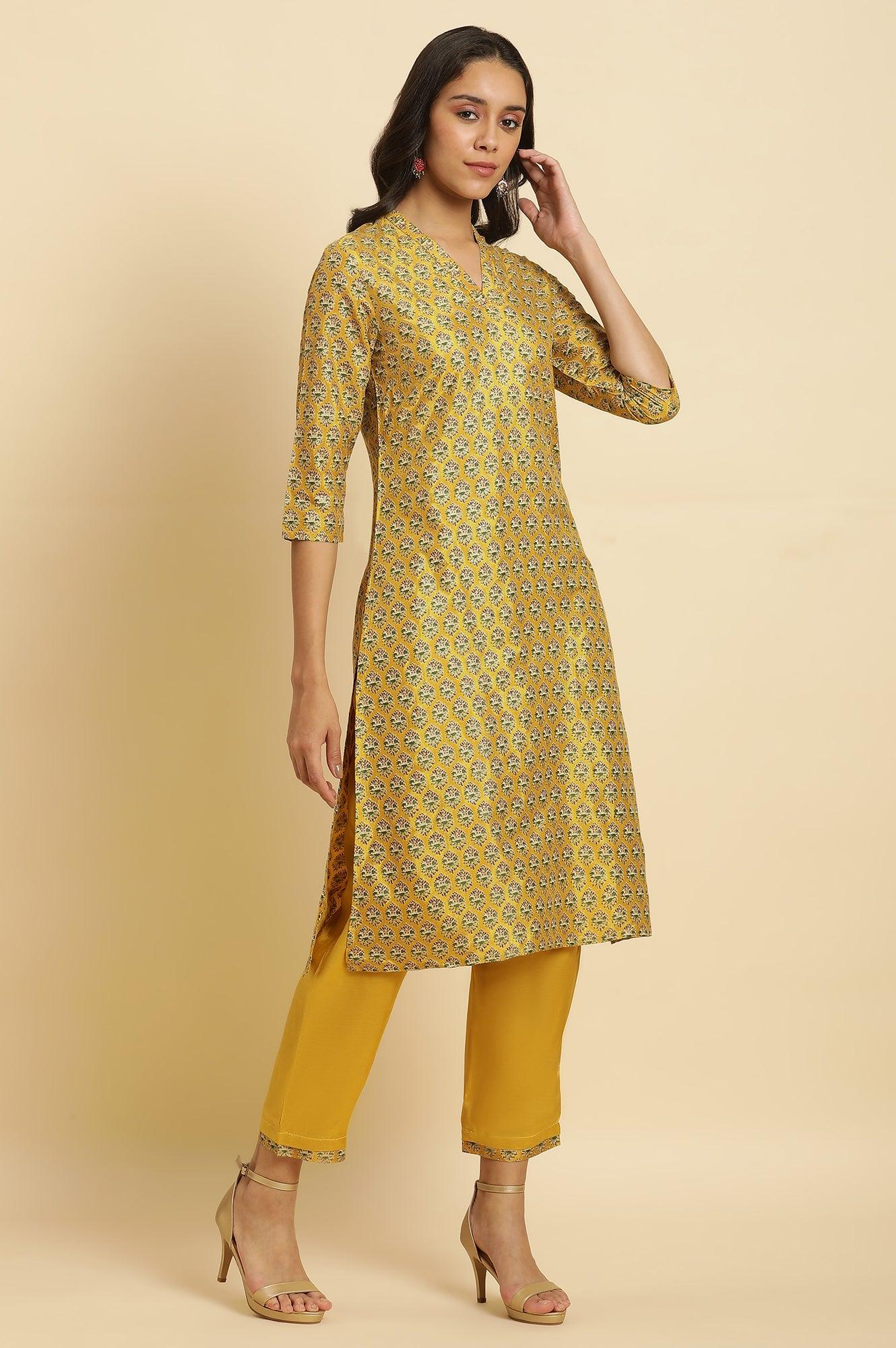 W for Woman Mustard Yellow Glitter Printed Kurta Set