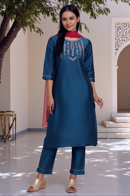 W for Woman Blue Embroidered Shantung Kurta, Pants And Dupatta Set